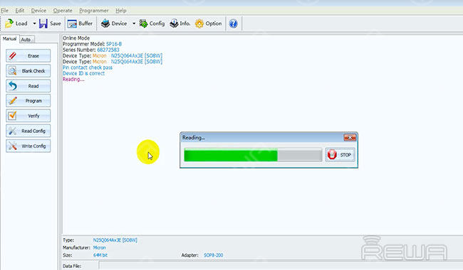 Connect with the unlock software. Input the chip model number, then Read and backup chip data.