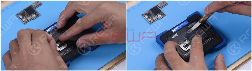 Remove tin and clean the logic board with the same method.Attach the signal board to the Reballing Platform and put the Reballing Stencil in position. To prevent the solder paste from flowing into the motherboard crevices, insert a metal plate. Apply a layer of low-temperature Solder Paste. 