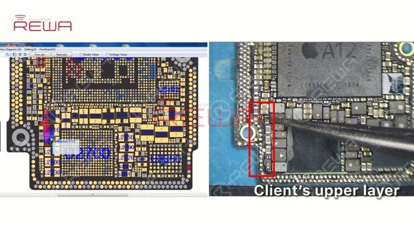 Attach the upper layer to the PCB Holder. Open REFOX and find the GPU circuit of iPhone XS Max. Compare the upper layer we are dealing with and the one on the bitmap. We find that the one we are dealing with is an iPhone XS upper layer, not an iPhone XS Max upper layer as described. 