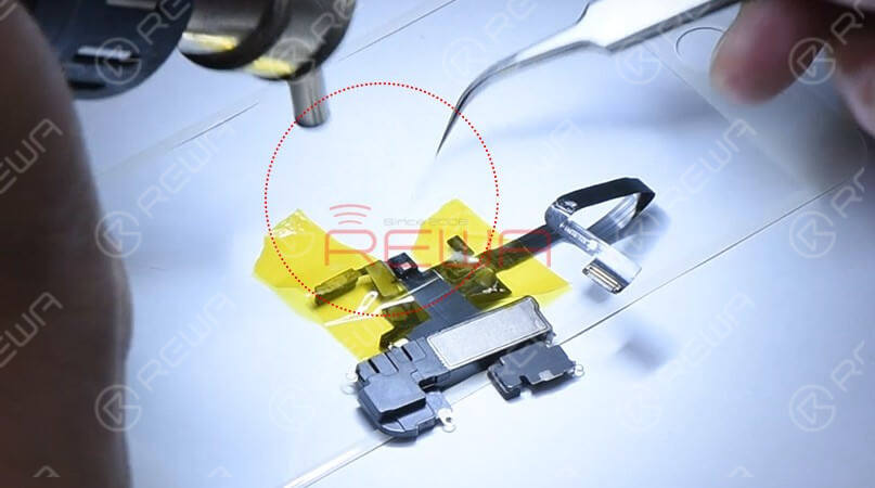 The next section will explain the detailed repair steps:   Apply some paste flux to the bonding pad.   Clean the bonding pad with Soldering Iron.   Apply solder paste to the severely corroded pad.   Clean with PCB Cleaner afterward.   Apply some paste flux to the bonding pad.   Get the Flood illuminator module in the right position.   Solder it with Hot Air Gun. 