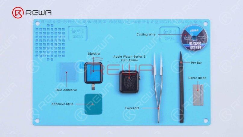 The tools and supplies needed are digitizer, OCA adhesive, adhesive strip, cutting wire, tweezers, pry bar, and razor blade.