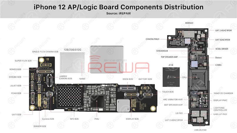 iPhone 12 logic board components distribution