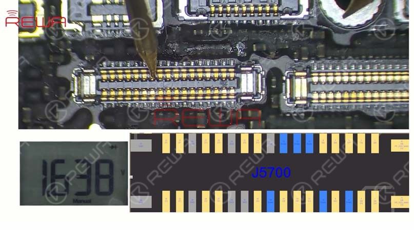Run diode mode measurement of the display connector J5700. The measured value is normal. So the display problem has nothing to do with the display circuit.