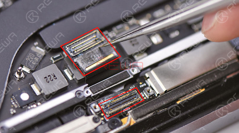 We can see that the display flex cable and the display connector have been water damaged with corrosion. So we need to replace with a new display flex cable and a new display.