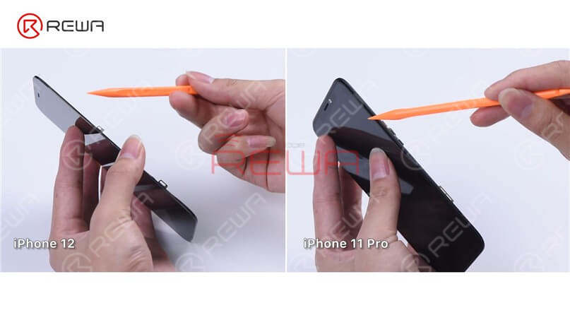  We can see that the iPhone 12 has a narrower bezel than the iPhone 11 Pro, so the iPhone 12 bezel may be a little easier to disassemble. In addition to that, the iPhone 12 bezel doesn’t wrap around the glass lens anymore. Therefore, the material requirements for the bezel adhesive will be relatively high to prevent the adhesive from falling off. To dig deeper, we will refurbish the iPhone 12 screen.