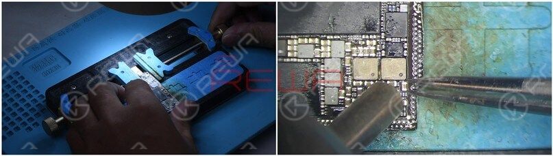Attach the logic board to the PCB Holder. Then remove C2990 with QUICK 990 AD Hot Air Gun at 360℃ and airflow 3.