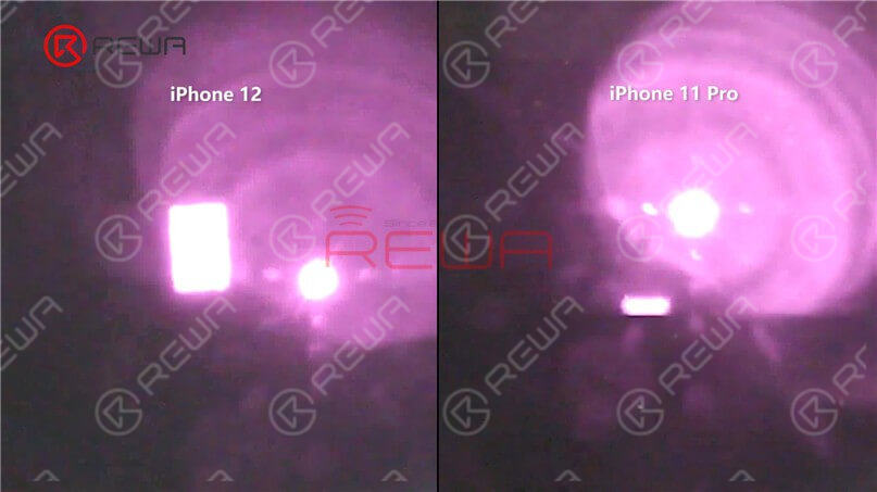 It can be seen from the microscope and camera lens that the flood illuminator module at the ear speaker flex cable is different. The lighting area of the iPhone 12 flood illuminator is larger.