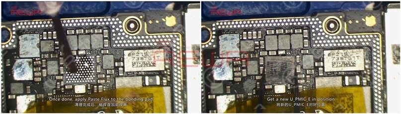  Once done, apply Paste Flux to the bonding pad. Get a new U_PMIC_E in position and solder with Hot Air Gun at 330℃, air flow 3.