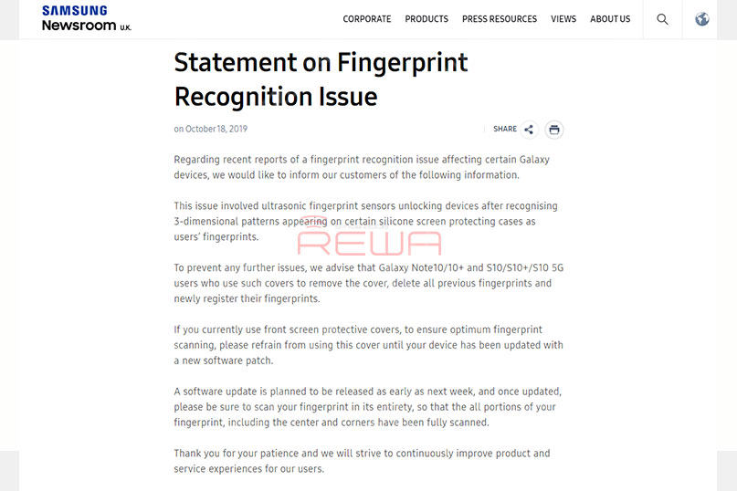 Earlier this month, according to The Sun reported that the Samsung Galaxy S10's in-display fingerprint sensor has a security flaw. Some silicone screen protectors may confuse the ultrasonic fingerprint sensor. If you currently use this kind of covers, please refrain from using it until your device has been updated with a new software patch, according to Samsung's official statement. 