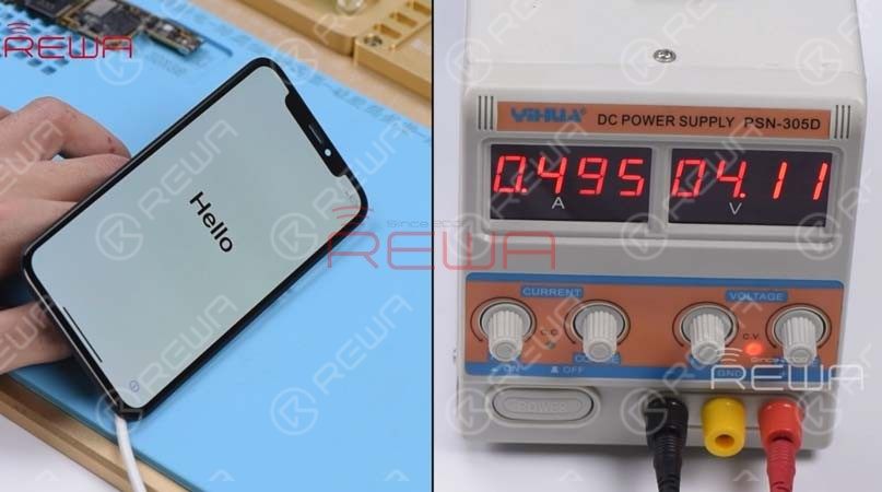 Try to connect an iPhone XS display assembly with the upper layer and connect the battery connector with the DC Power Supply. Get the upper layer powered on with tweezers. The phone turns on normally with a normal display. The phone can access the activation screen and the boot current is also normal this time. 