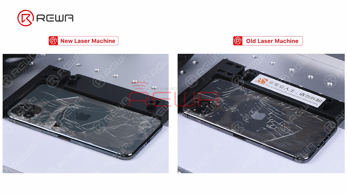 The following step is to get all parameters set and turn on laser aiming function. Then we click 'Mark' to scan the back glass with the laser light. Then we can see the back glass becomes transparent after laser scanning.