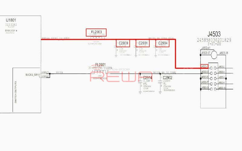 Tap ‘Camera’ icon to enter into camera mode. Run voltage mode measurement of front camera power supply test points FL2901 and C2909. The measured value of FL2901 is normal. There is no voltage measured on C2909, which is abnormal. Normal voltage should be 2.9V.Outputted from Pin G10 of U1801, the 2.9V voltage reaches Pin 1 of J4503 by way of FL2903, C2909, C2904 and C2901.